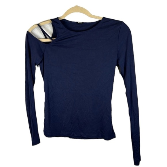 Monrow Navy Blue Cut Out Shoulder Long Sleeve Ribbed Textured Top Size S - Picture 1 of 4